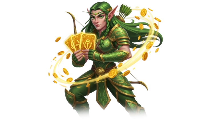 Jeetcity Fantasy-Bogenschützin mit Gold und magischer Energie