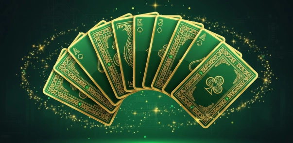 Jeetcity Spielkarten-Fächer in grün-goldenem Casino-Design