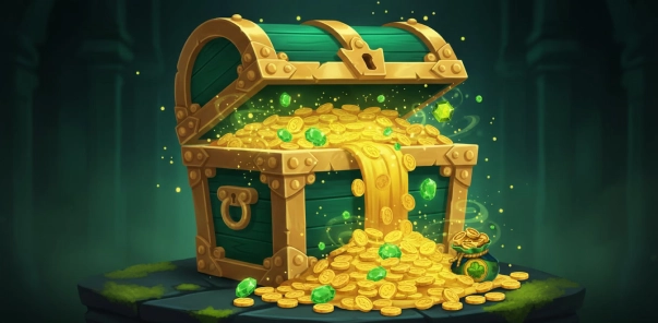 Jeetcity Schatztruhe voller Goldmünzen im Fantasy-Casino-Stil